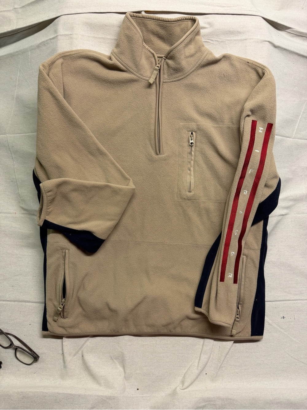 Tommy Hilfiger Beige Quarter-Zip Fleece with Red Sleeve Stripe